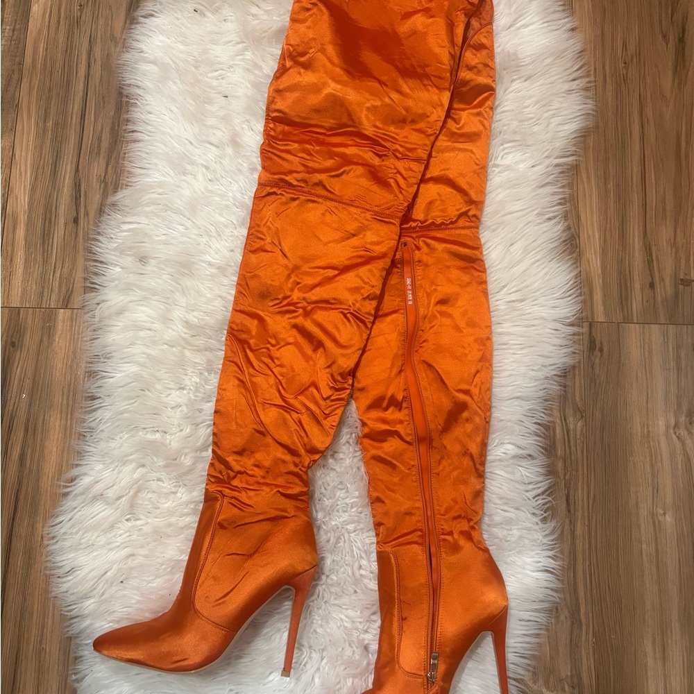 Women's Orange Satiny Over-the-Knee Boots - Sleek Statement Style - Picture 2 of 9